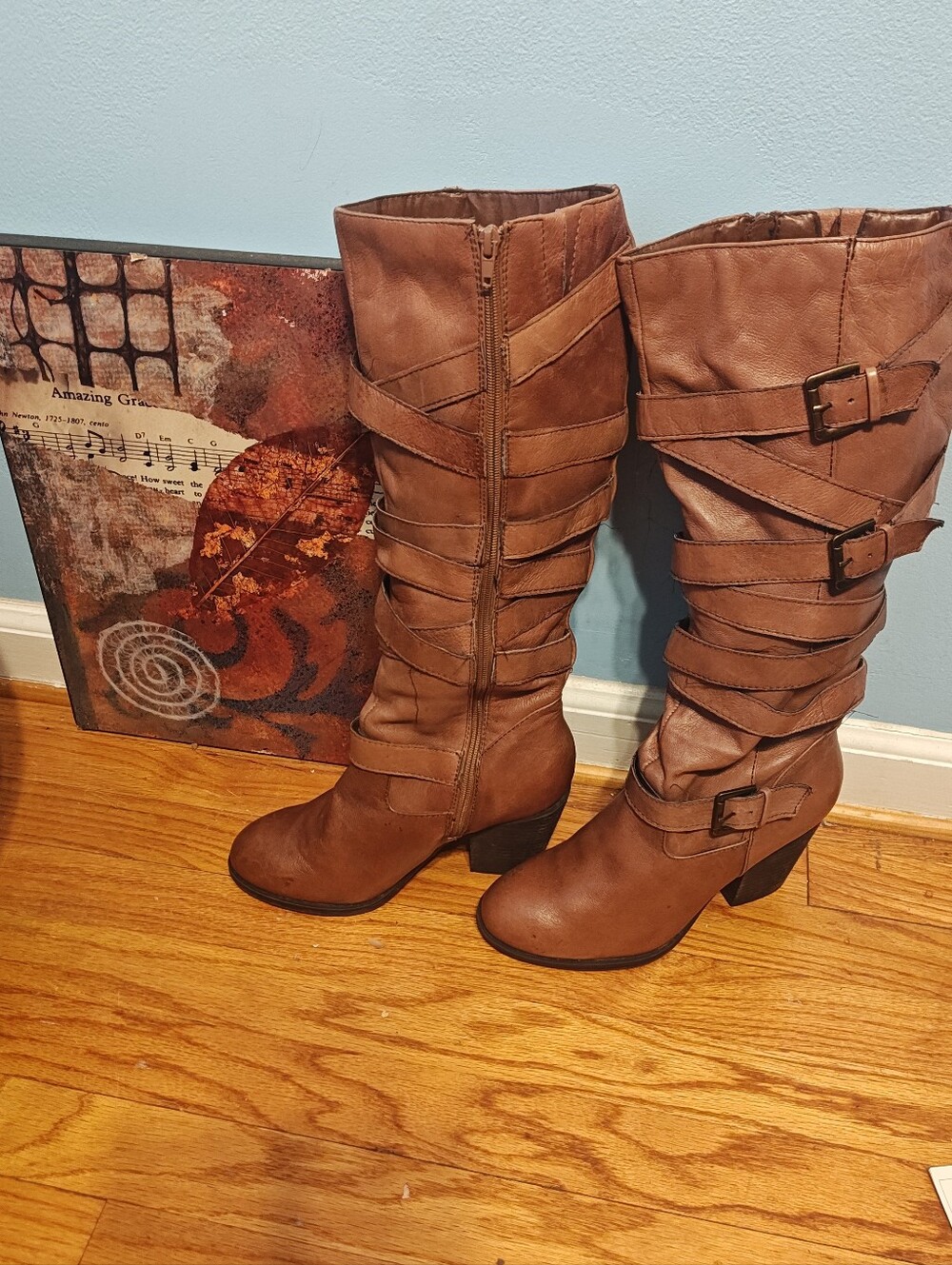Steve Madden Women's Tall Cognac Brown Strappy Buckle Boots